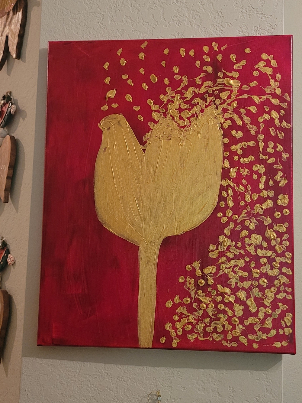 Gold Tulip Wall Art on Red Canvas — Home Art
